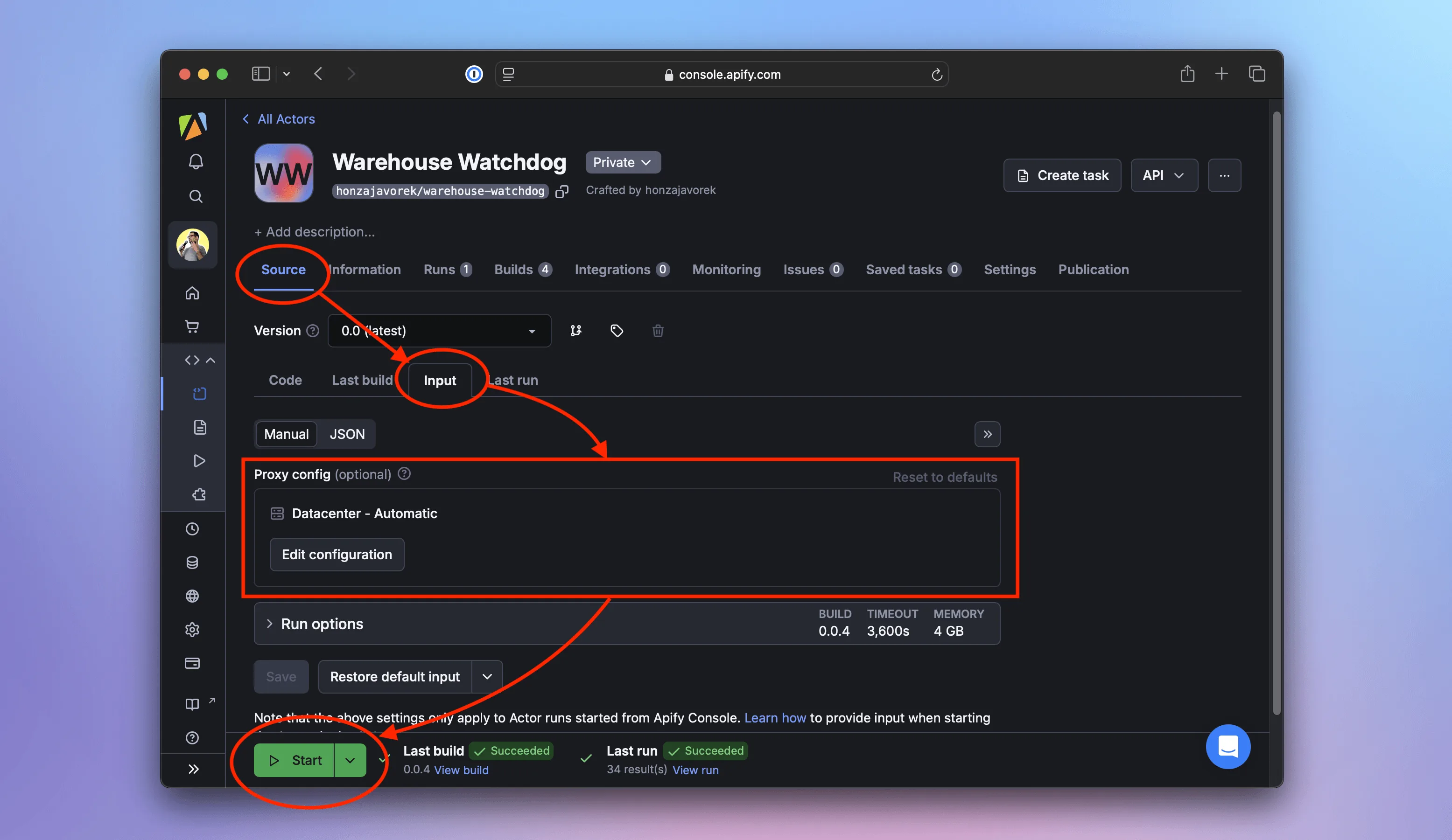 Actor's detail page, screen Source, tab Input with proxies