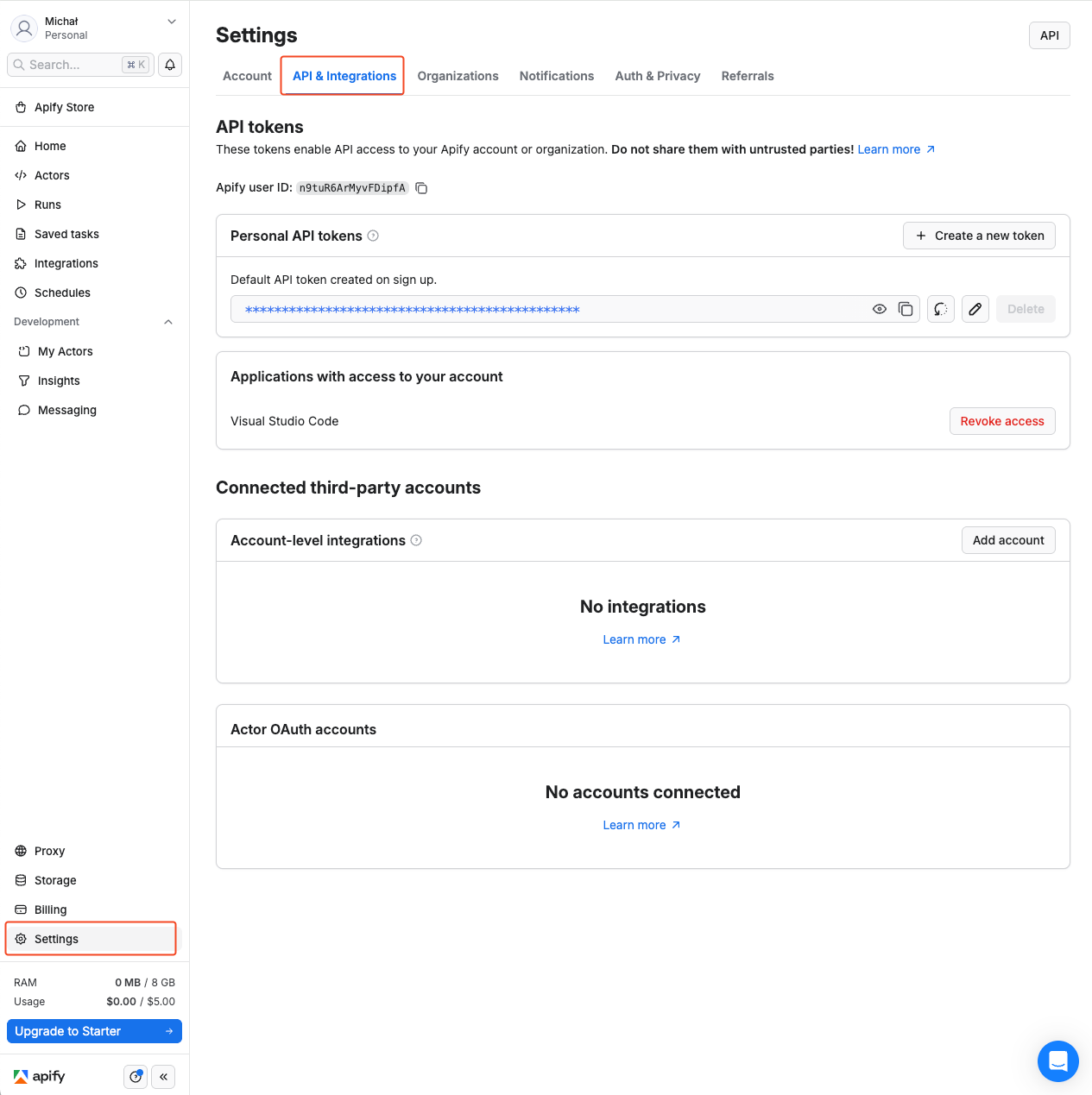 Apify Console token for n8n