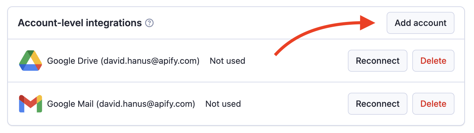 Add account button in Account-level integrations section of the settings